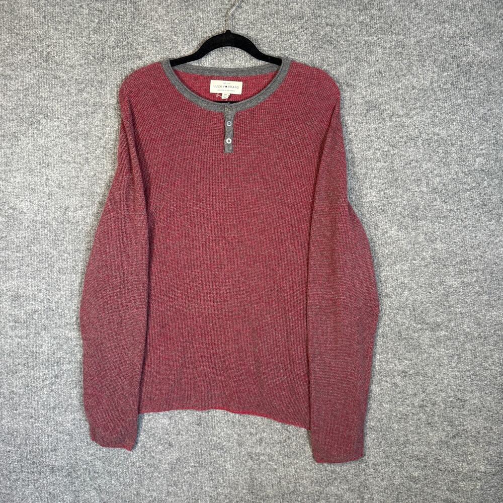 Lucky Brand Shirt Mens 2XL XXL Red Henley Long Sleeve Tshirt‎ Soft Knit Casual